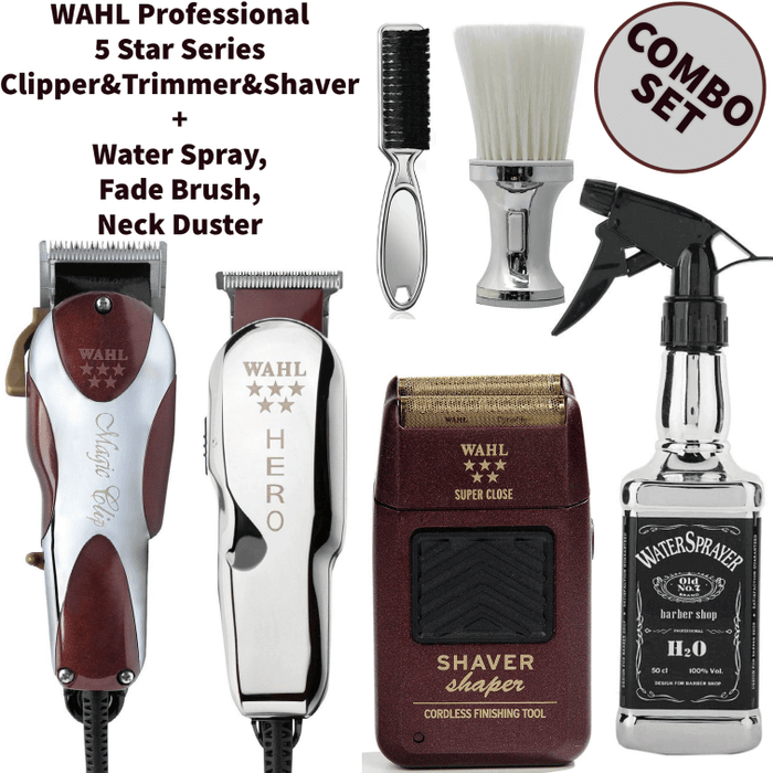 Wahl Professional 5 Star Series Magic Clip Model No #8451 & Hero Trimmer Model No #8991 & Shaver Shaper Model No #8061-100 + Water Spray & Fade Brush & Neck Duster Combo Set