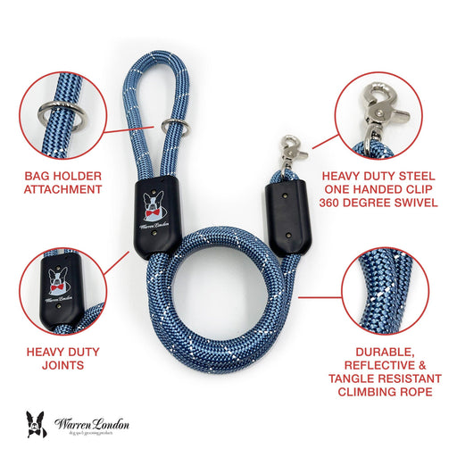 Warren London Rope Leash - Blue Reflective Leashes, Collars & Accessories