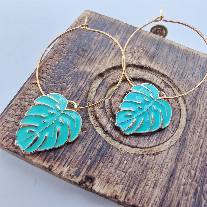 Tropical Leaf Charm Dangle Dainty Floral Huggie Tree Leaf Hoop Earrings