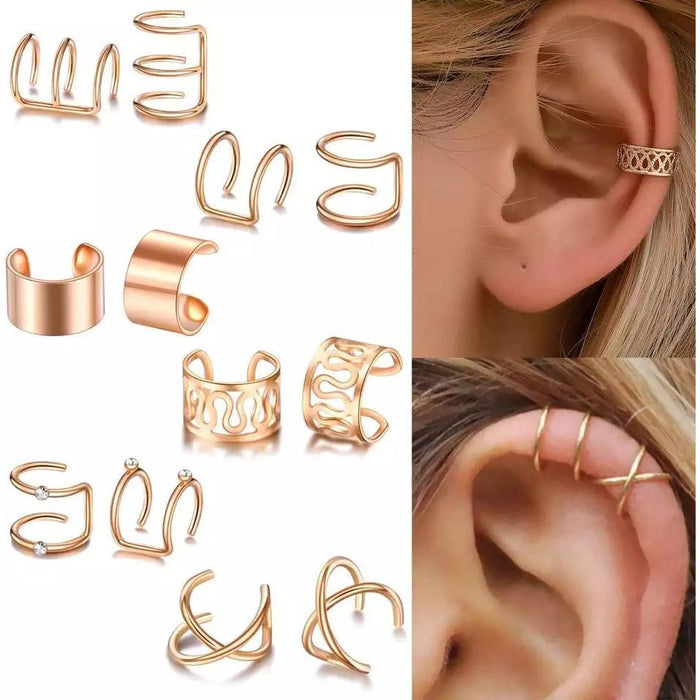 12 & 6 Piece Gold Adjustable Wire No Piercing Everyday Cartilage Helix Ear Cuff