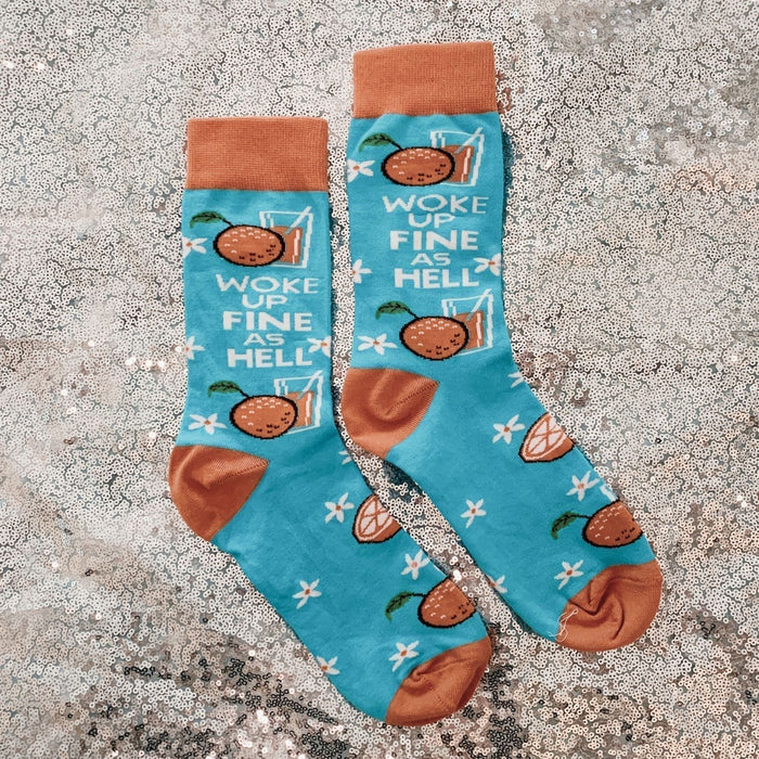 Woke Up Fine As Hell Socks in Blue | Orange Juice Illustration | Gift for Her