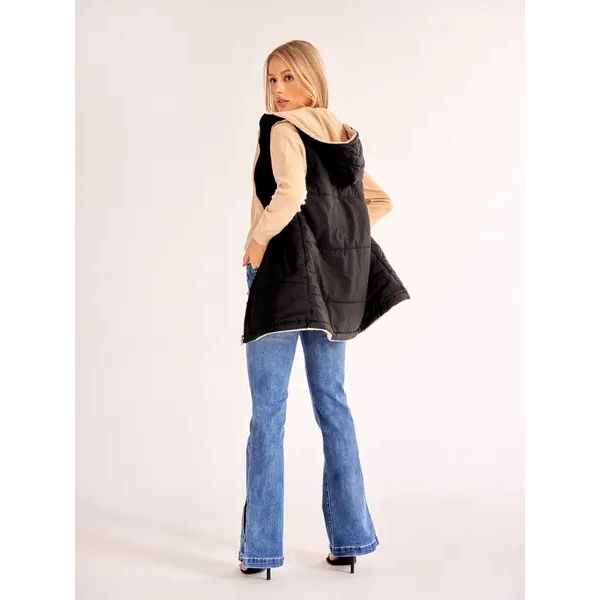 Women's Medium-length Zip Up Hooded Reversible Vest Jacket Coat HWWV885QTQ