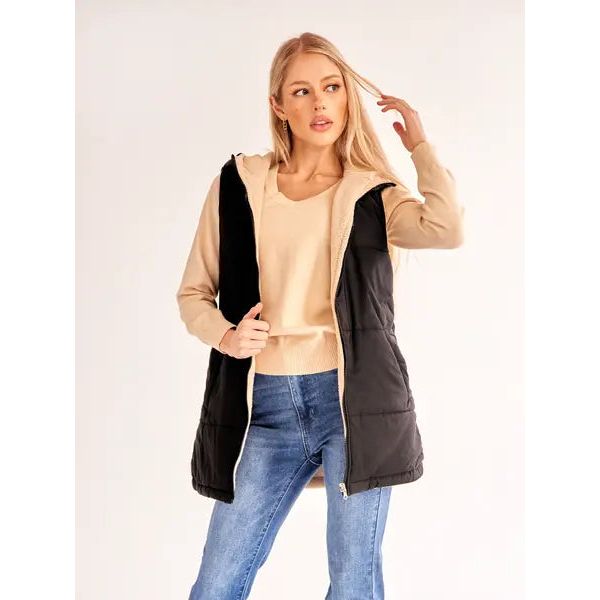 Women's Medium-length Zip Up Hooded Reversible Vest Jacket Coat HWWV885QTQ