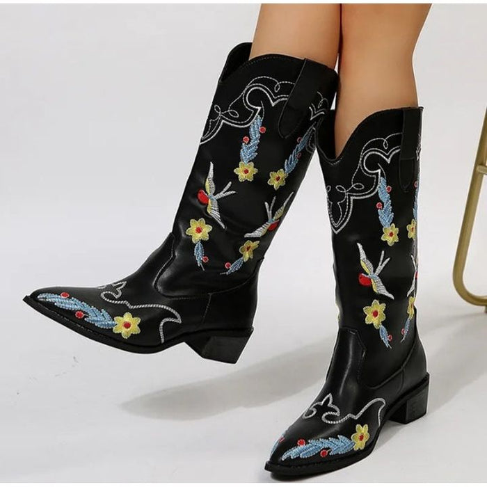 Women's Embossed Western Boots Slip On Pointed Toe Autumn Winter