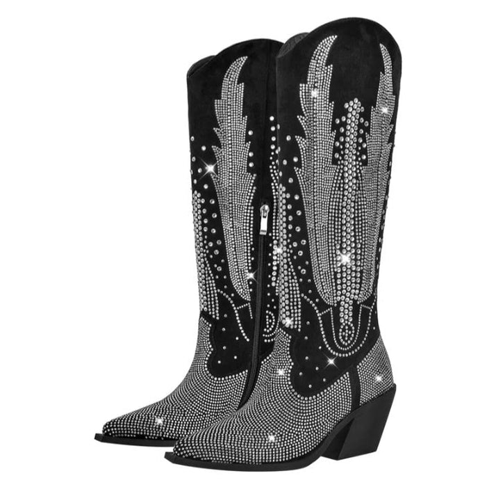 Women's Glitter Western Boots Knee High Rhinestone Design Block Heel Plus Size