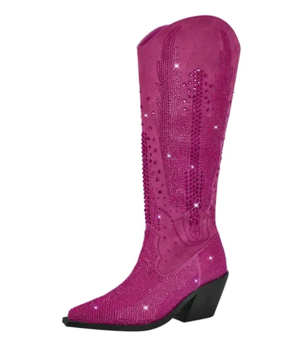 Women's Glitter Western Boots Knee High Rhinestone Design Block Heel Plus Size