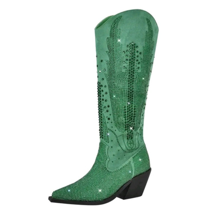 Women's Glitter Western Boots Knee High Rhinestone Design Block Heel Plus Size