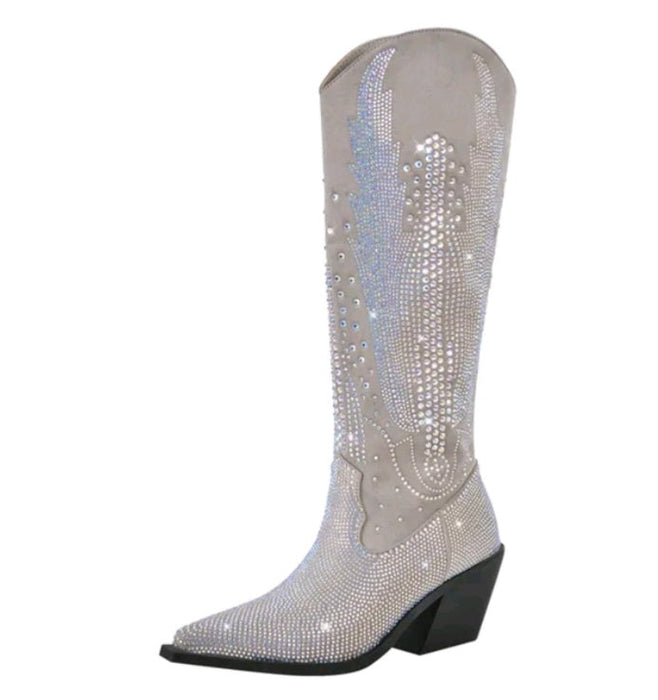 Women's Glitter Western Boots Knee High Rhinestone Design Block Heel Plus Size