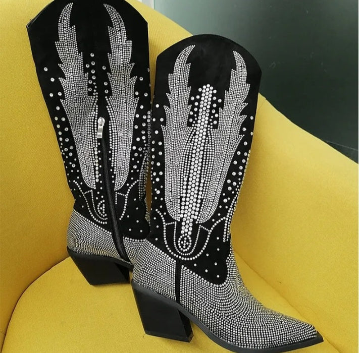 Women's Glitter Western Boots Knee High Rhinestone Design Block Heel Plus Size