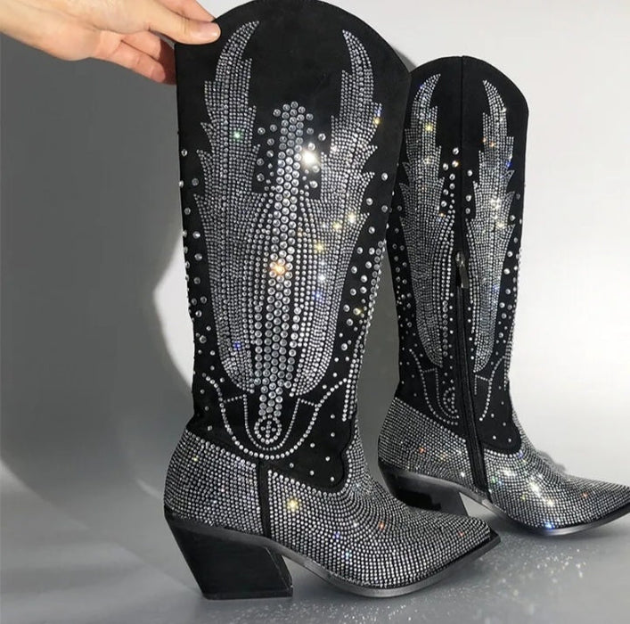 Women's Glitter Western Boots Knee High Rhinestone Design Block Heel Plus Size