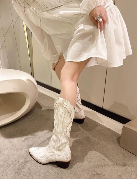 Women's Chunky Heel Knee High Embossed Western Cowboy Boots