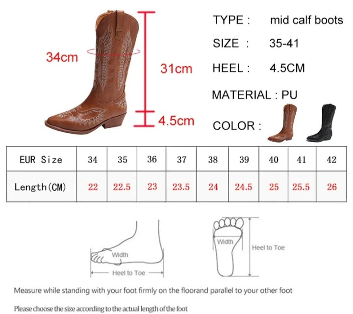 Women's Embroidery Western Boots Mid Calf Pointed Toe Autumn Winter