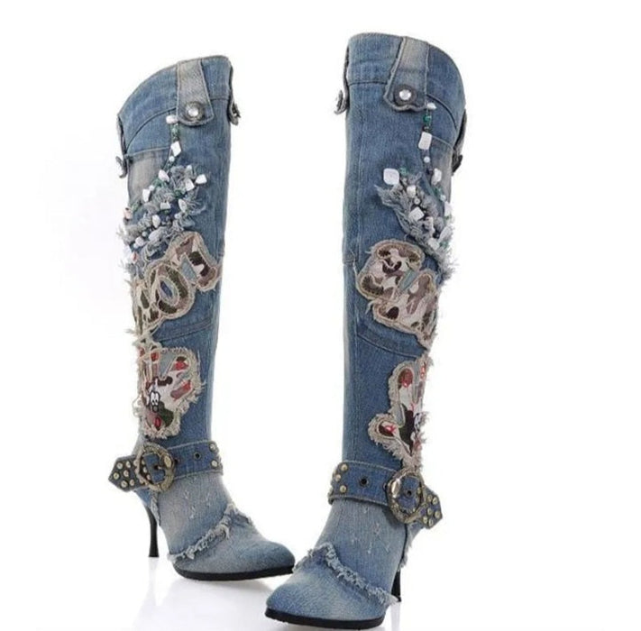 Women's High Heel Sequins and Diamond Design Denim Cowboy Style High Knee Boots