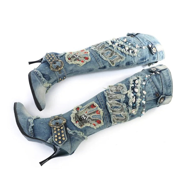 Women's High Heel Sequins and Diamond Design Denim Cowboy Style High Knee Boots