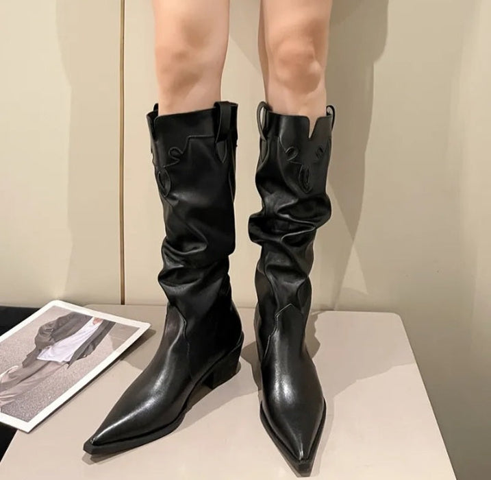 Women's Western Boots Pleated Design Autumn Winter Pointed Toe