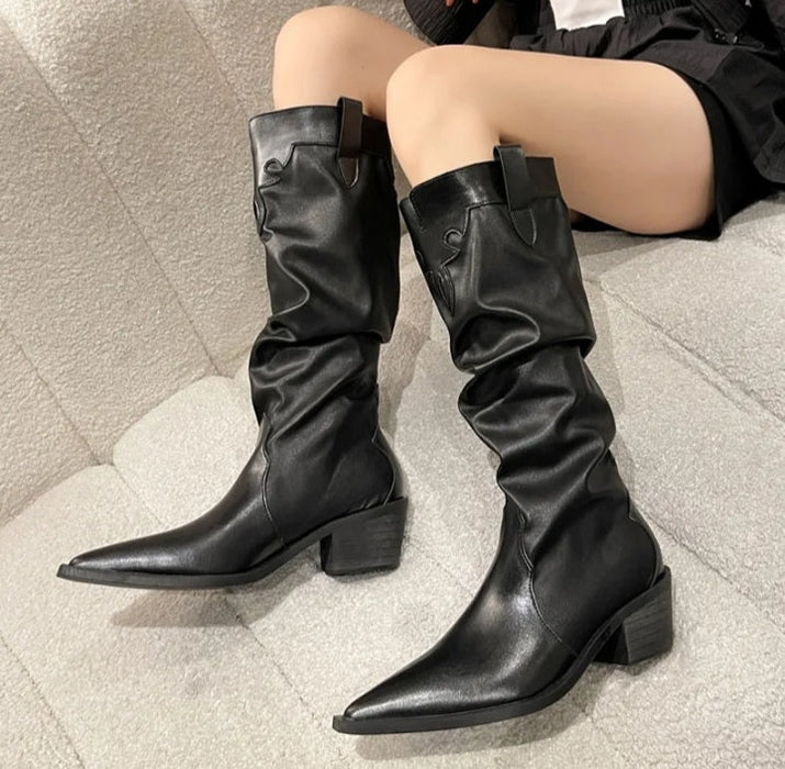 Women's Western Boots Pleated Design Autumn Winter Pointed Toe