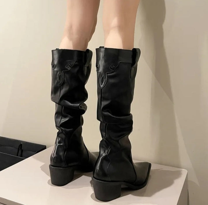 Women's Western Boots Pleated Design Autumn Winter Pointed Toe