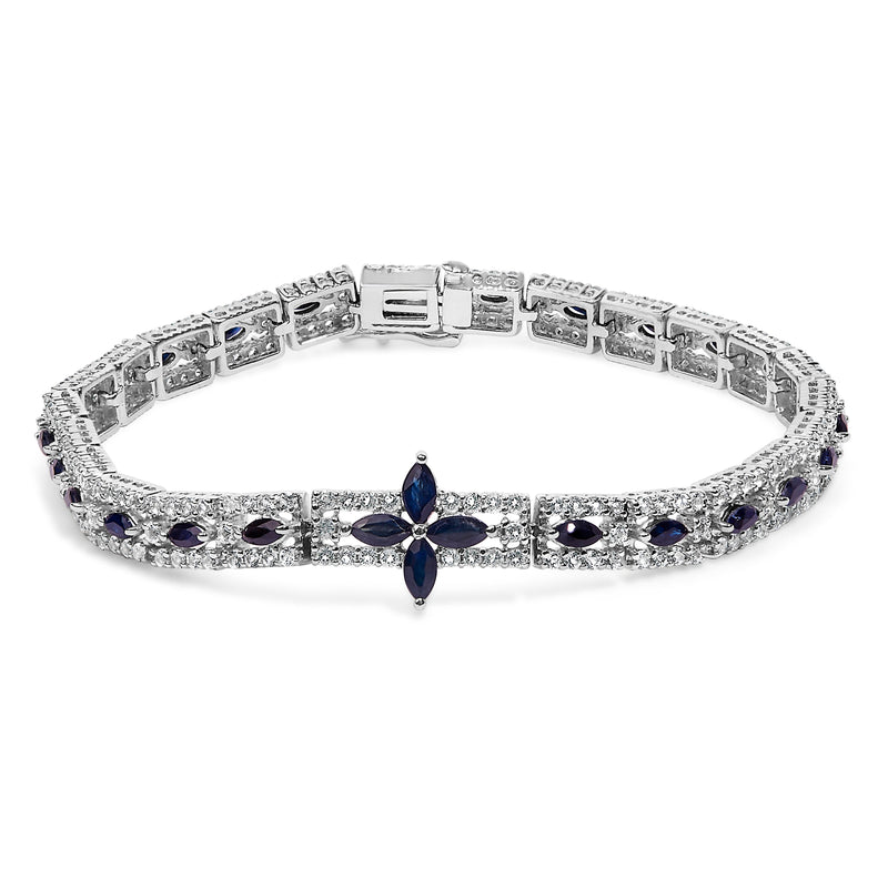 Bids.com Sterling Silver Dark Blue Sapphire and Topaz Marquise Floral Art Deco Link Bracelet Bracelets