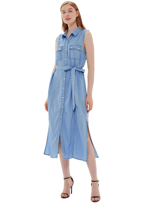 Anna-Kaci Women's Sleeveless Jean Shirt Dress Tied Waist Turn Down Collar Pocket Denim Dress by Anna-Kaci