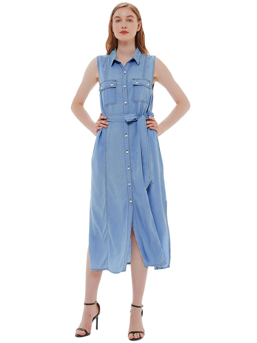 Anna-Kaci Women's Sleeveless Jean Shirt Dress Tied Waist Turn Down Collar Pocket Denim Dress by Anna-Kaci