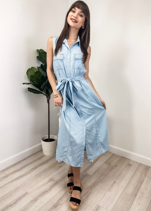 Anna-Kaci Women's Sleeveless Jean Shirt Dress Tied Waist Turn Down Collar Pocket Denim Dress by Anna-Kaci