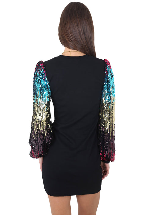 Anna-Kaci Women's Confetti Sequin Balloon Long Sleeve Round Neck Pullover Dress by Anna-Kaci