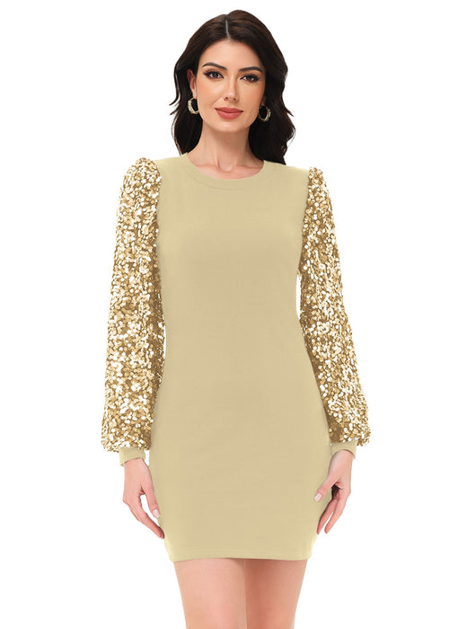 Anna-Kaci Women's Confetti Sequin Balloon Long Sleeve Round Neck Pullover Dress by Anna-Kaci