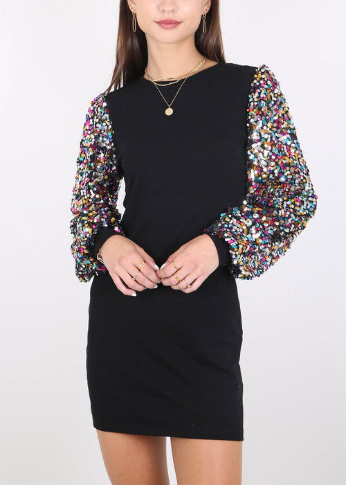 Anna-Kaci Women's Confetti Sequin Balloon Long Sleeve Round Neck Pullover Dress by Anna-Kaci