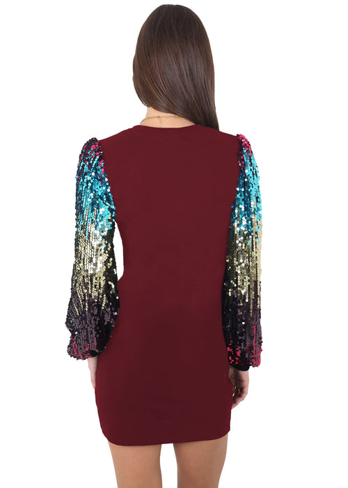 Anna-Kaci Women's Confetti Sequin Balloon Long Sleeve Round Neck Pullover Dress by Anna-Kaci