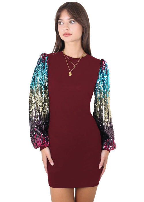 Anna-Kaci Women's Confetti Sequin Balloon Long Sleeve Round Neck Pullover Dress by Anna-Kaci