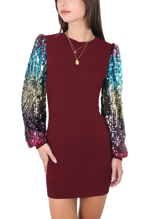 Anna-Kaci Women's Confetti Sequin Balloon Long Sleeve Round Neck Pullover Dress by Anna-Kaci