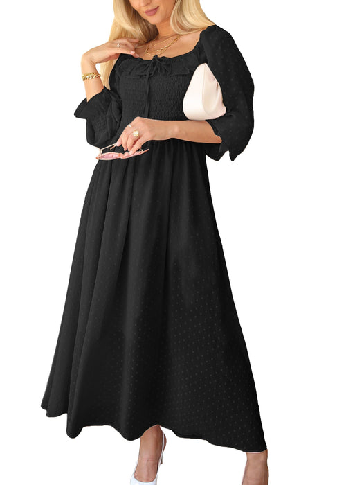 Anna-Kaci Long Sleeve Swiss Dot Lined Maxi Dress for Women Smocked Tied Detail Square Neck by Anna-Kaci