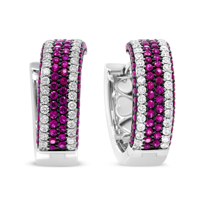 Bids.com 18K White Gold 1 7/8 Cttw Diamond and 1mm Round Red Ruby Open Swish Hoop Earrings (F-G Color, VS1-VS2 Clarity) Earrings