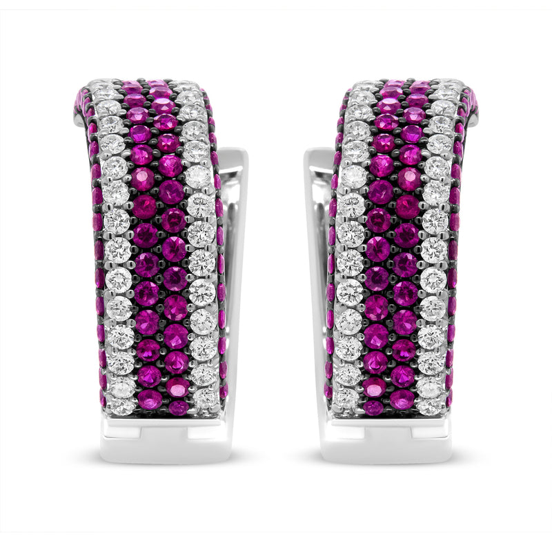 Bids.com 18K White Gold 1 7/8 Cttw Diamond and 1mm Round Red Ruby Open Swish Hoop Earrings (F-G Color, VS1-VS2 Clarity) Earrings