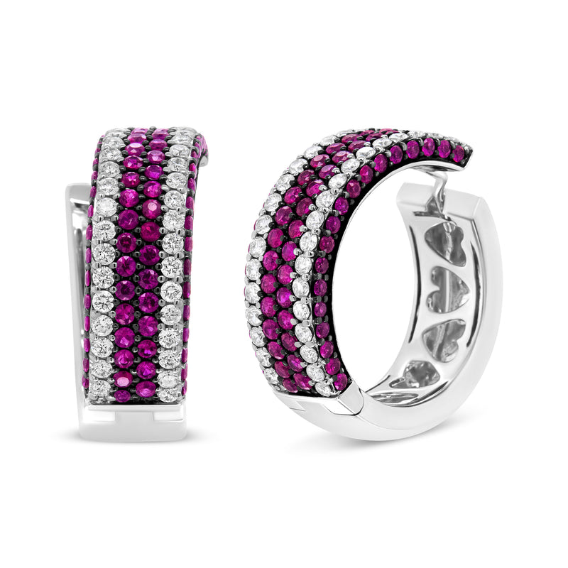 Bids.com 18K White Gold 1 7/8 Cttw Diamond and 1mm Round Red Ruby Open Swish Hoop Earrings (F-G Color, VS1-VS2 Clarity) Earrings