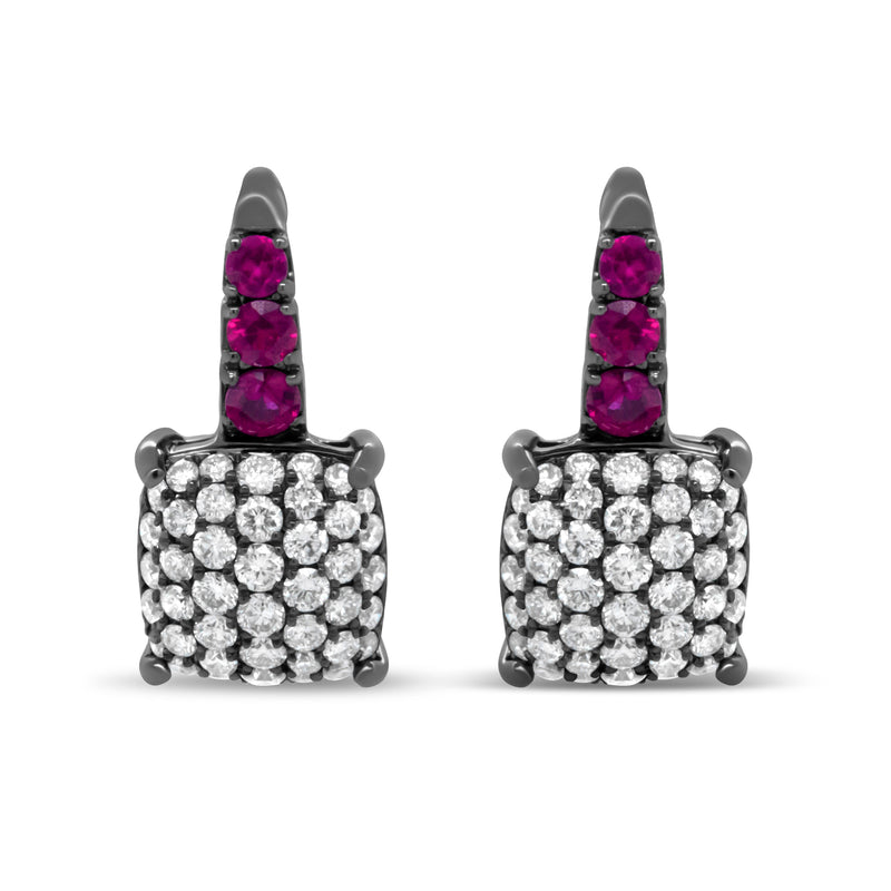 Bids.com Black Rhodium Plated 18K White Gold 7/8 Cttw Round Diamond and Graduated Red Ruby Drop Earrings (F-G Color, VS1-VS2 Clarity) Earrings