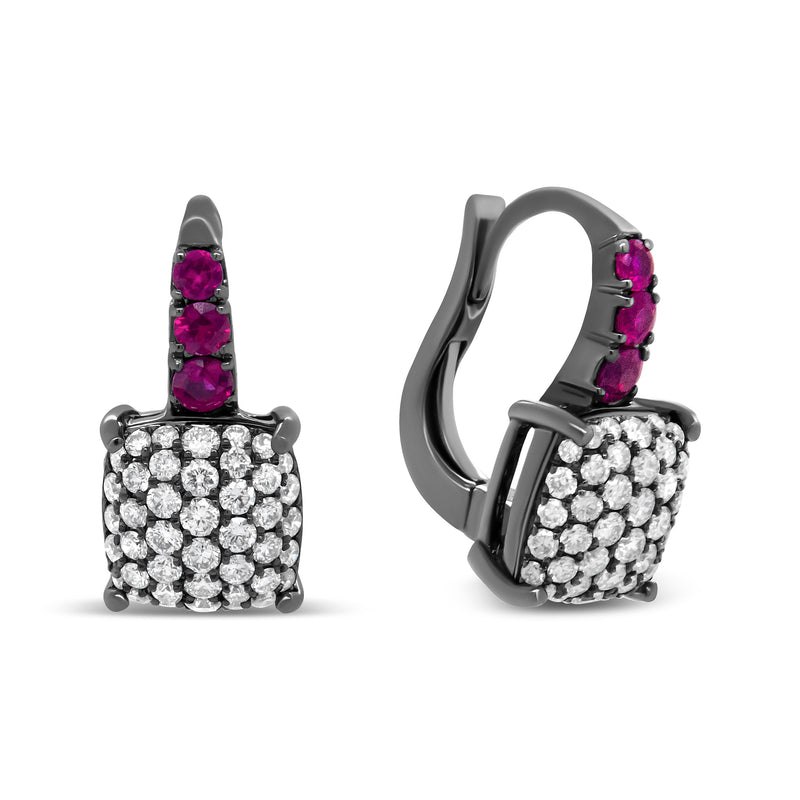 Bids.com Black Rhodium Plated 18K White Gold 7/8 Cttw Round Diamond and Graduated Red Ruby Drop Earrings (F-G Color, VS1-VS2 Clarity) Earrings