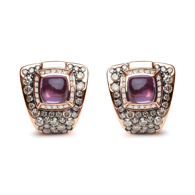 Bids.com 18K Rose Gold 1 1/2 Cttw Round Diamond and 7mm Cushion Cut Purple Amethyst Gemstone Geometrical Statement Stud Earrings (Brown and G-H Color, SI1-SI2 Clarity) Earrings