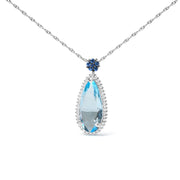 Bids.com 18K White Gold 3/8 Cttw Pave Set Diamond and Sky Blue Topaz and Blue Sapphire Gemstone Floral Teardrop Halo 18" Pendant Necklace (G-H Color, SI2-I1 Clarity) Necklaces