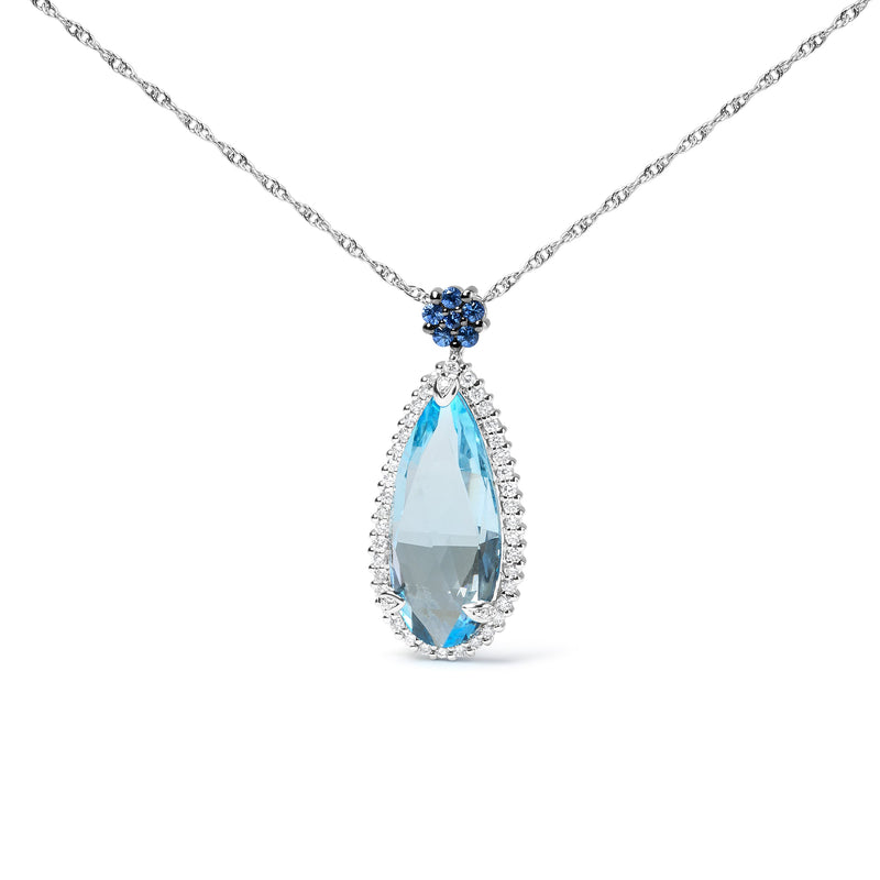 Bids.com 18K White Gold 3/8 Cttw Pave Set Diamond and Sky Blue Topaz and Blue Sapphire Gemstone Floral Teardrop Halo 18" Pendant Necklace (G-H Color, SI2-I1 Clarity) Necklaces