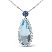 Bids.com 18K White Gold 3/8 Cttw Pave Set Diamond and Sky Blue Topaz and Blue Sapphire Gemstone Floral Teardrop Halo 18" Pendant Necklace (G-H Color, SI2-I1 Clarity) Necklaces
