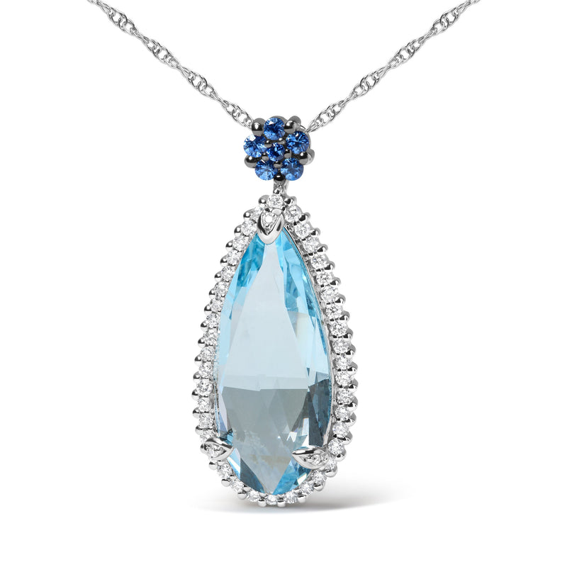 Bids.com 18K White Gold 3/8 Cttw Pave Set Diamond and Sky Blue Topaz and Blue Sapphire Gemstone Floral Teardrop Halo 18" Pendant Necklace (G-H Color, SI2-I1 Clarity) Necklaces