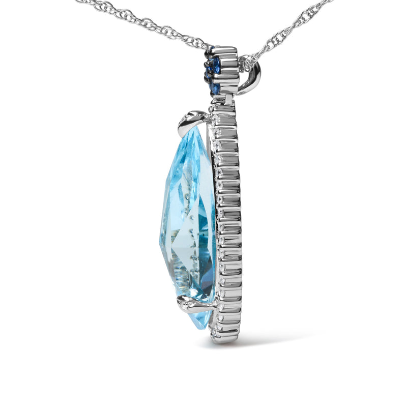 Bids.com 18K White Gold 3/8 Cttw Pave Set Diamond and Sky Blue Topaz and Blue Sapphire Gemstone Floral Teardrop Halo 18" Pendant Necklace (G-H Color, SI2-I1 Clarity) Necklaces