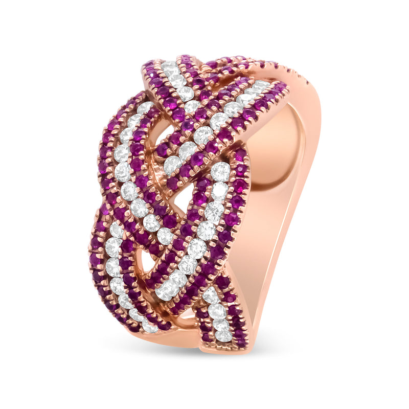 Bids.com 18K Rose Gold Red Ruby and 7/8 Cttw Diamond Woven Braided Band Ring (F-G Color, VS1-VS2 Clarity) - Ring Size 7 Rings