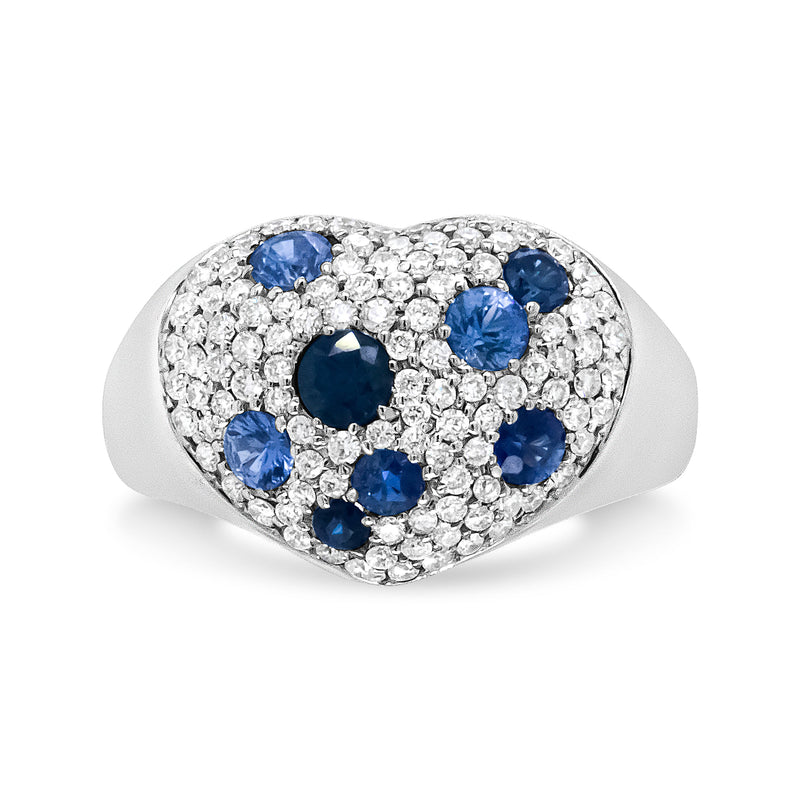 Bids.com 18K White Gold Blue Sapphire and 5/8 Cttw Diamond Cluster Heart Shaped  Ring (F-G Color, VS1-VS2 Clarity) - Size 7.5 Rings