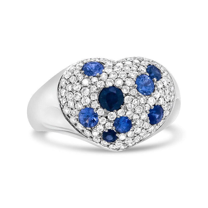 Bids.com 18K White Gold Blue Sapphire and 5/8 Cttw Diamond Cluster Heart Shaped  Ring (F-G Color, VS1-VS2 Clarity) - Size 7.5 Rings