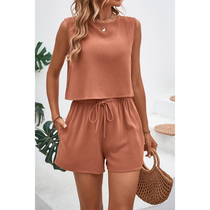 Round Neck Top and Drawstring Shorts Set