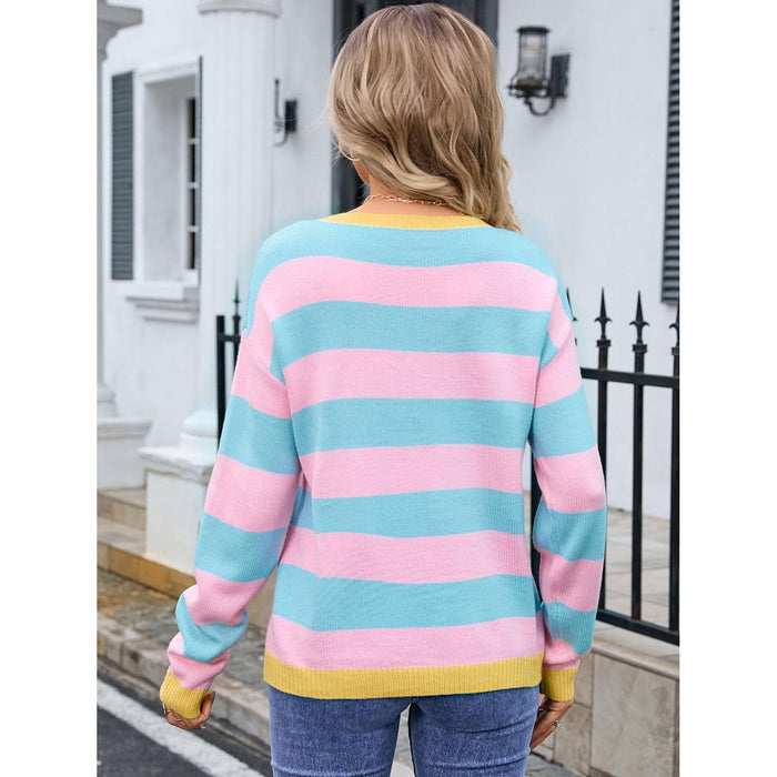 Striped Round Neck Dropped Shoulder Sweater