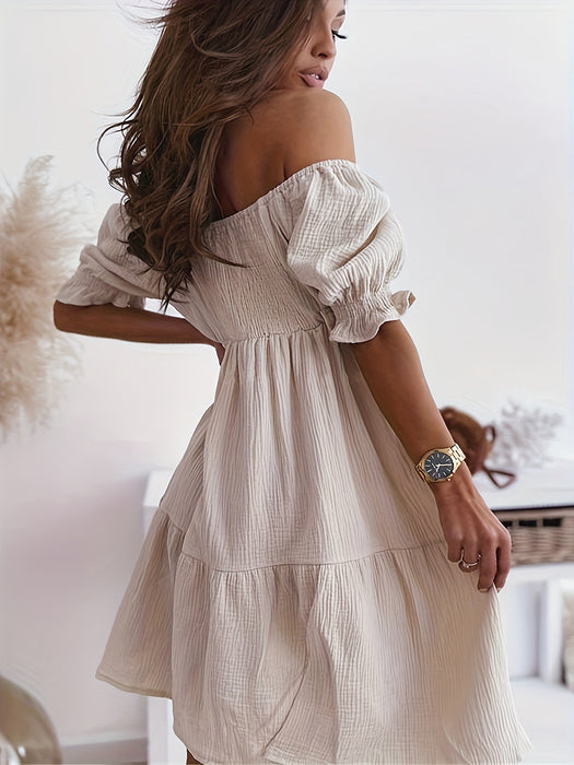 Ruched Ruffled Off-Shoulder Short Sleeve Dress