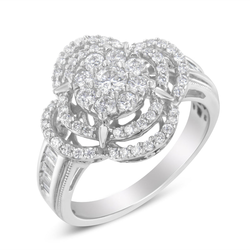 Bids.com 14K White Gold 1.0 Cttw Round & Baguette Cut Diamond Floral Cluster Quatrefoil Channel Set Band Cocktail Statement Ring (H-I Color, SI2-I1 Clarity) - Size 6-3/4 Rings